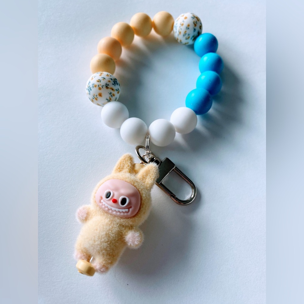 Cute Beaded Keychain wristlet bracelet with Plush Labubu Charm